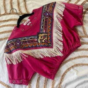 Vintage Cowgirl Fringe Crop Top with Tribal Pattern
